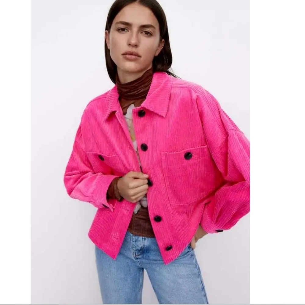 Zara Pink Corduroy Crop Button Up Jacket Shacket Overshirt
